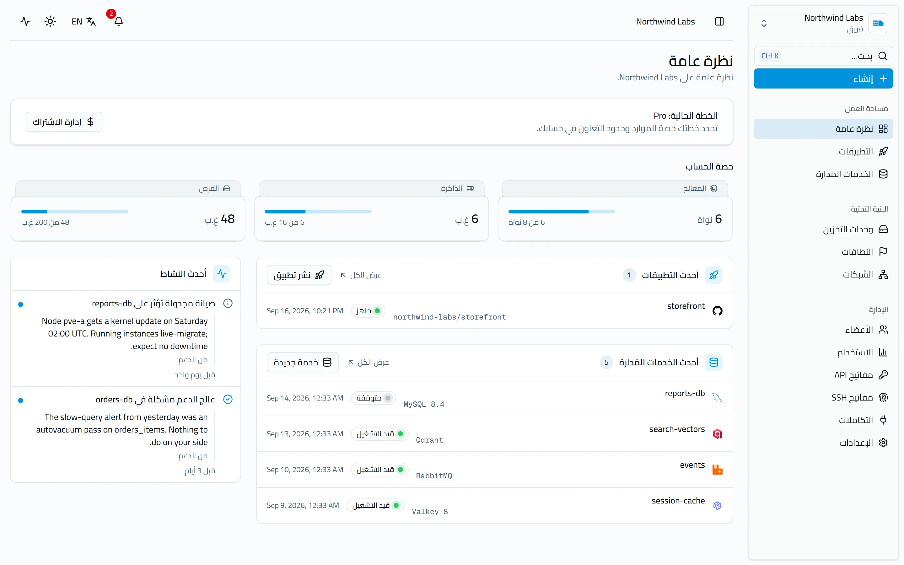 النظرة العامة لمساحة العمل: مقاييس الحصّة وأحدث التطبيقات والخدمات المُدارة والنشاط الأخير